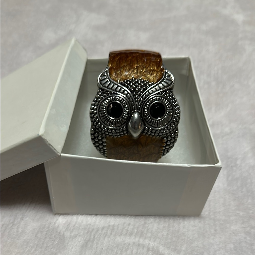 Owl Silver and Brown Bracelet with Textured Elegance